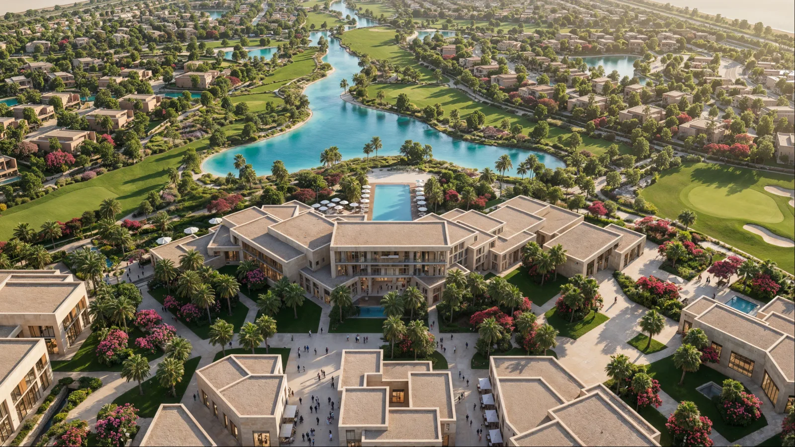 The clubhouse at Abu Dhabi Mira Hills from the air, a long pool terrace lined with umbrellas behind it and the lagoon and fairways beyond