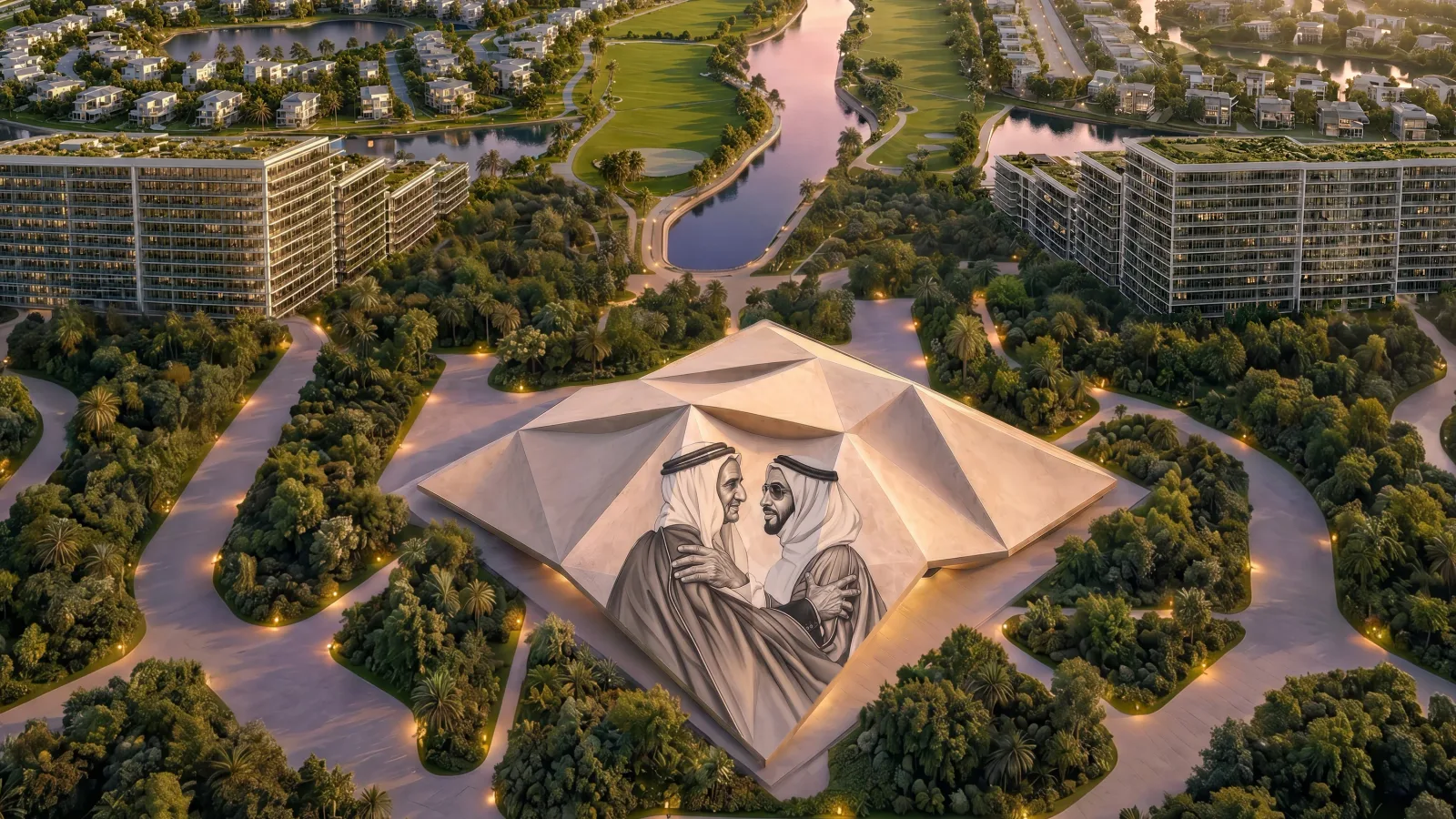 The cultural pavilion at Abu Dhabi Mira Hills from above at sunset, a relief of two Emirati leaders embracing carved across its folded stone roof, apartment blocks and the golf lake behind it
