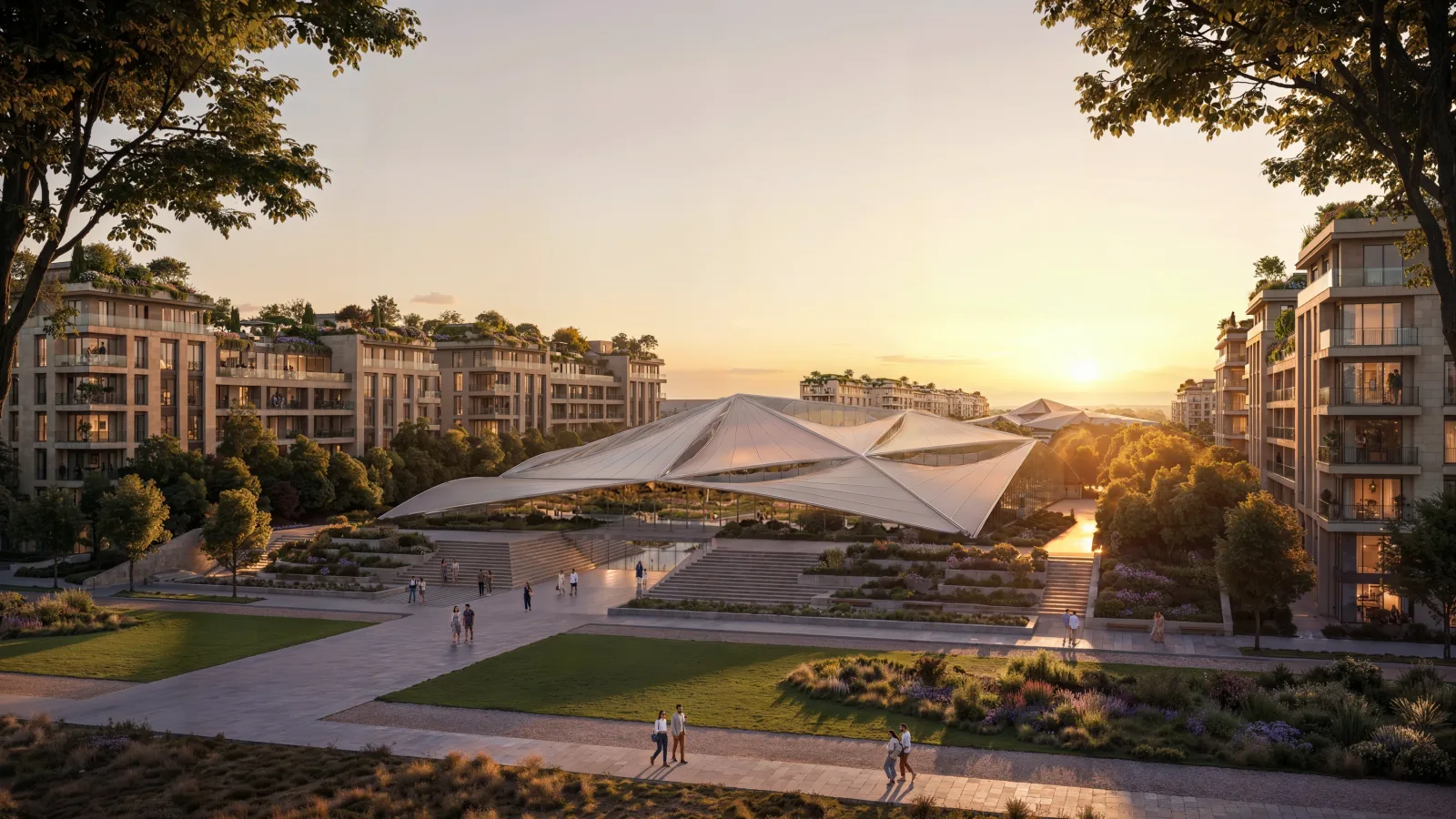 A tensile-roofed event pavilion in the central park at Abu Dhabi Mira Hills at sunset, lawns and terraced apartment blocks on either side