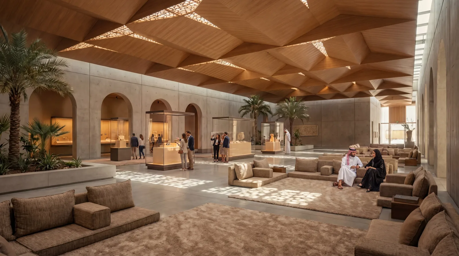 The majlis lounge inside the cultural centre at Abu Dhabi Mira Hills, low sofas under a folded timber ceiling and lit display cases along an arched wall