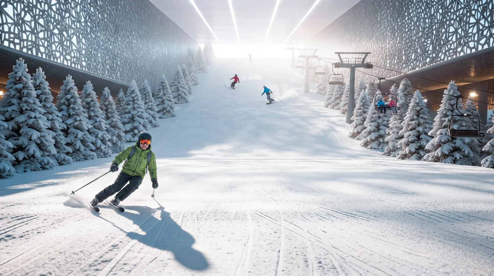 Skiers and snowboarders on the indoor slope at Abu Dhabi Mira Hills, a chairlift running beside snow-covered pines under a perforated ceiling