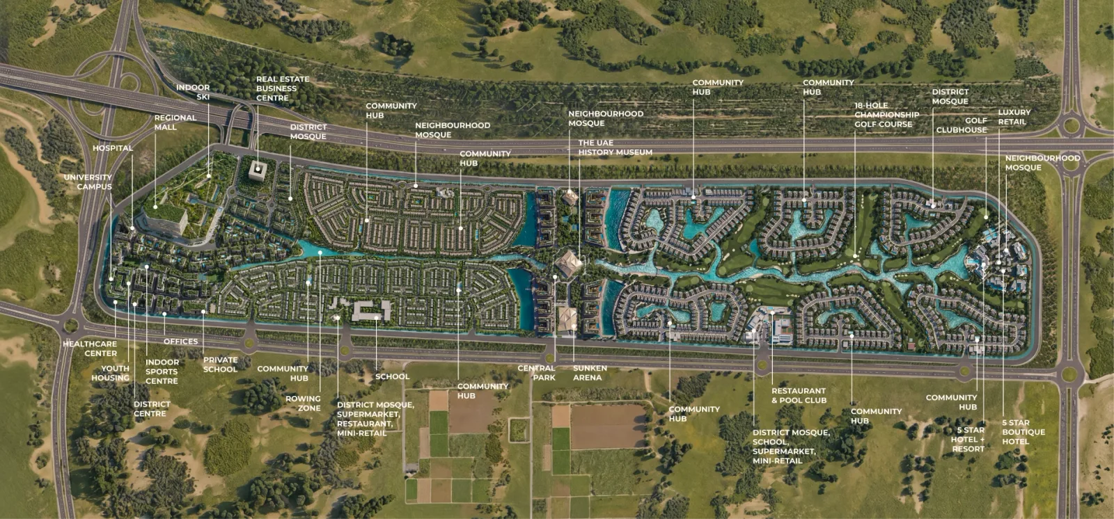 Annotated aerial view of the Abu Dhabi Mira Hills master plan, showing residential districts, golf course, lagoon network, town centre and innovation cluster across 560 hectares