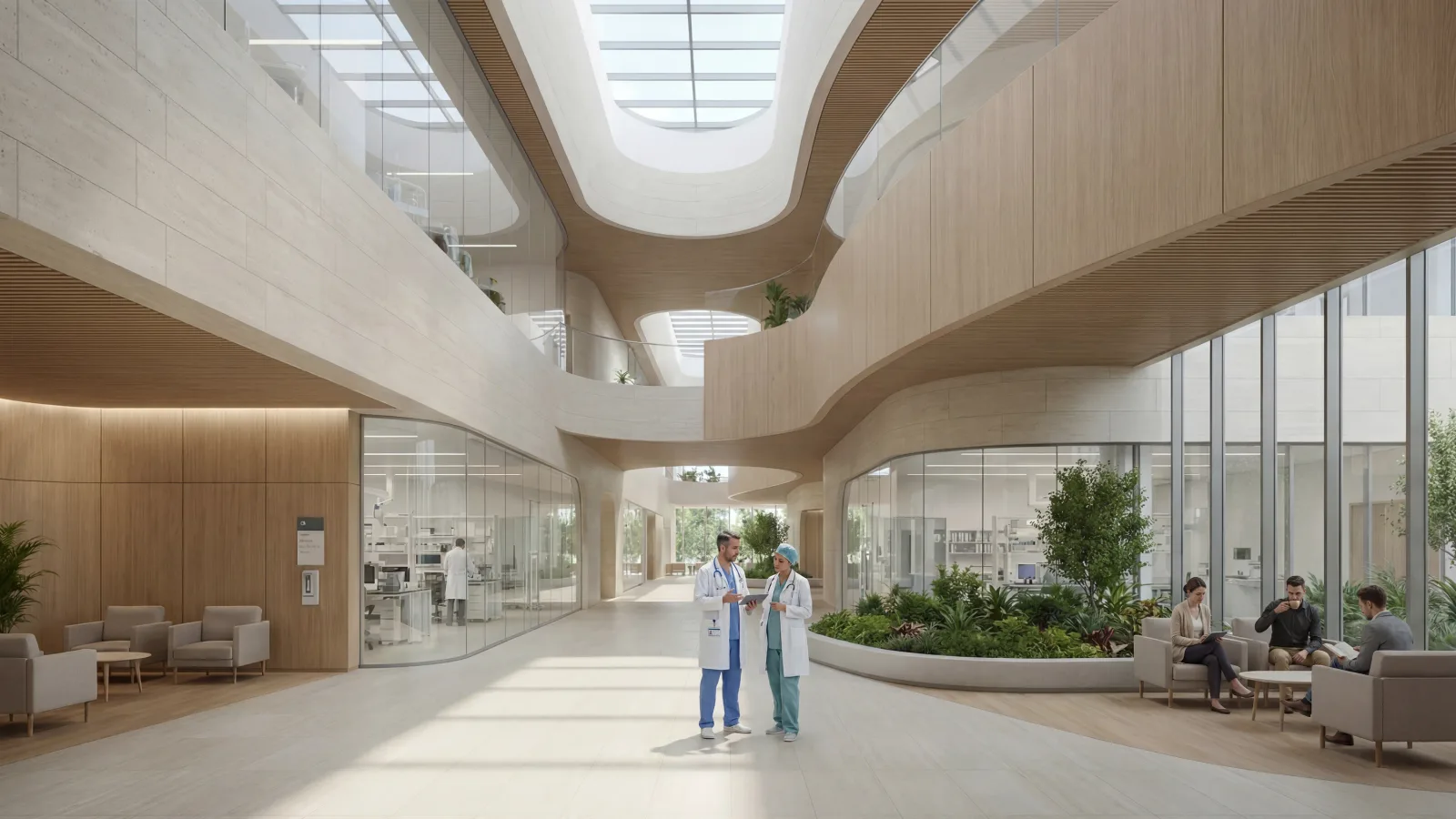 The atrium of the medical centre at Abu Dhabi Mira Hills, curved timber balconies under rooflights and a planted court at its centre