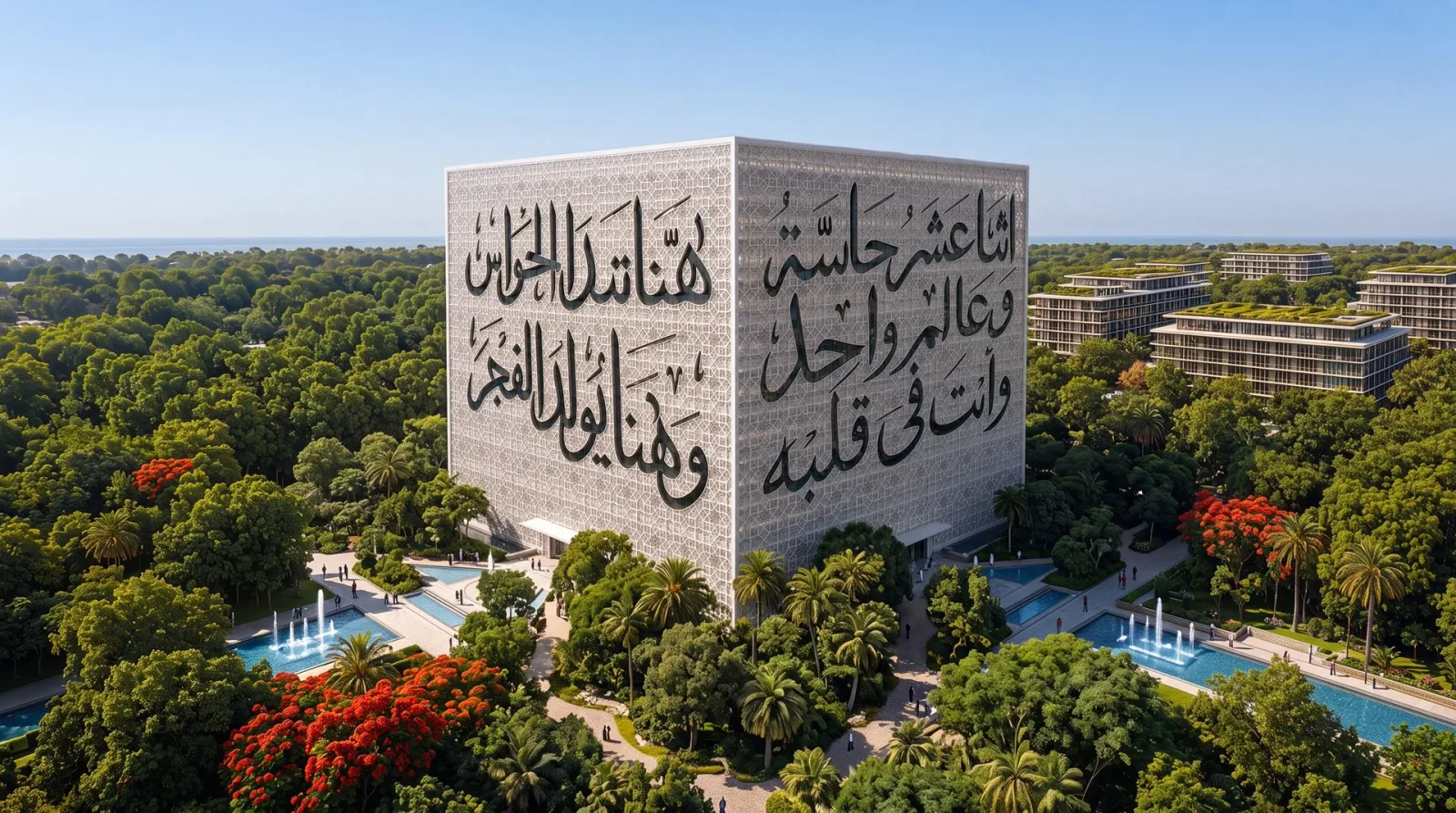 The Cube at Abu Dhabi Mira Hills, a cube-formed building carrying Arabic calligraphy across its facade, standing above dense trees and water gardens