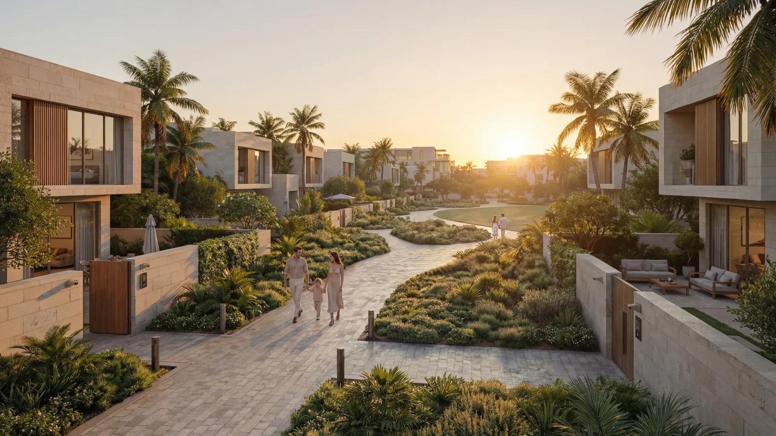 A townhouse street at Abu Dhabi Mira Hills at sunset, walled front gardens on both sides and a family walking the paved lane